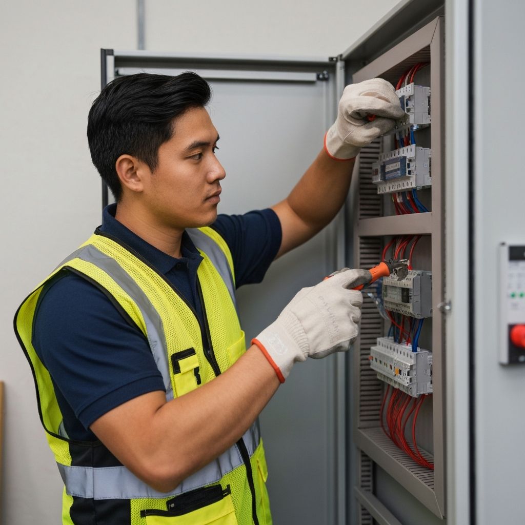Profesjonalny elektryk ENB podczas pracy instalacyjnej